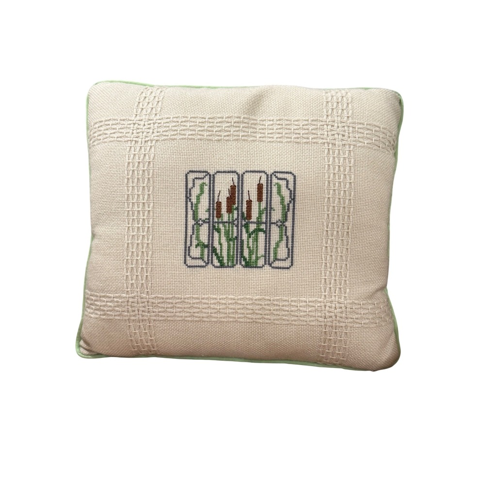 Vintage needlepoint Cattails pillow fall cottagecore botanical Grandmacore cozy